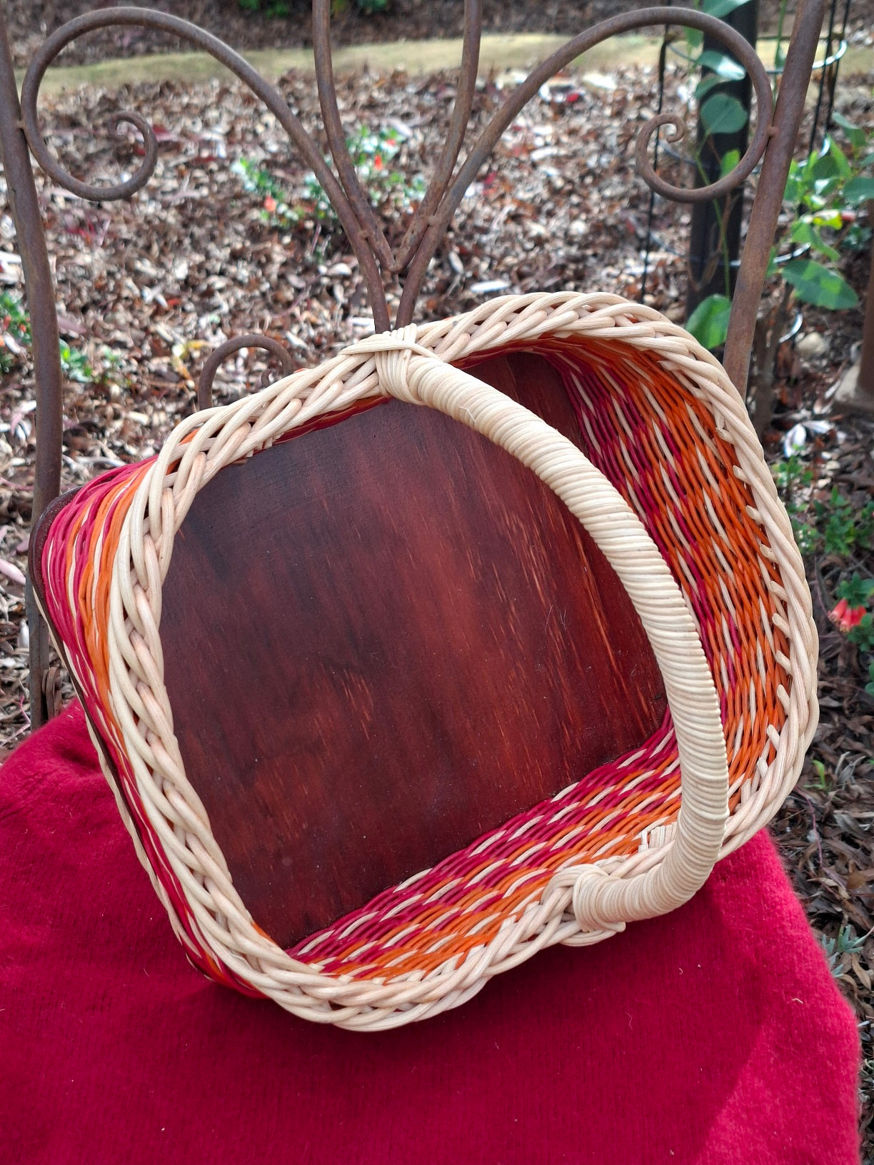 Large Rectangular basket red,orange and natural wicker.