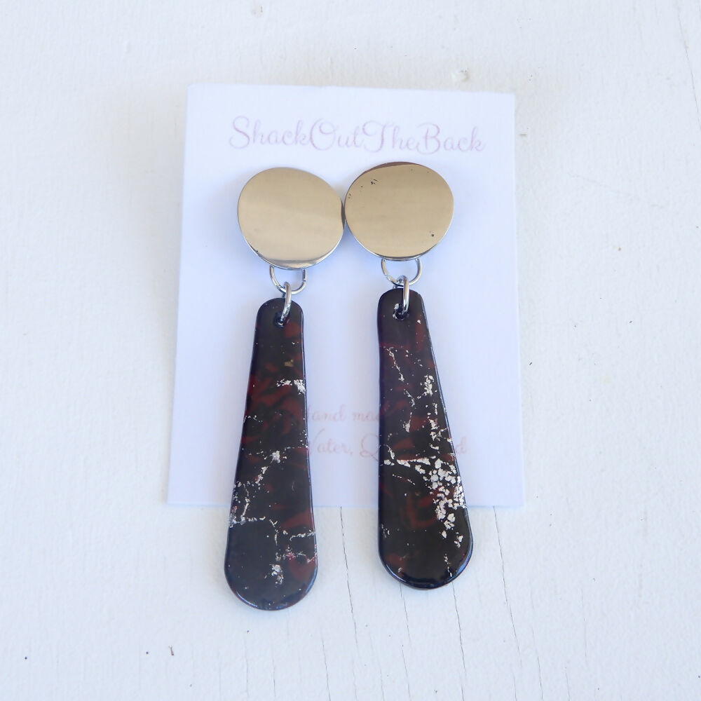 Black Polymer Clay Earrings "Silver Fire" Teardrops