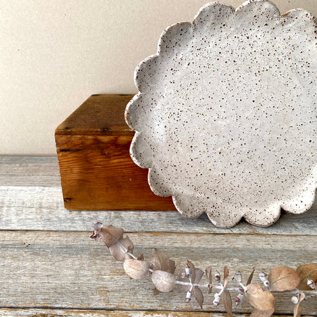 Ceramic Plate - Flower Design - White and Rustic