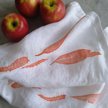 Linen tea towel hand printed