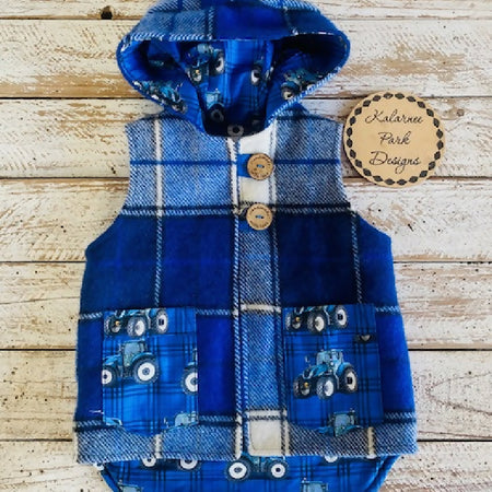 Blue Tractors Vintage Wool Blanket Upcycled Vest Size 3