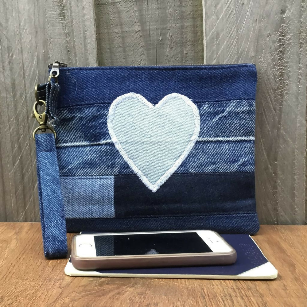 Upcycled Denim Clutch - Blue Heart