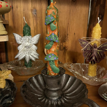 Magick Mushroom Intention Ritual Spell Altar Beeswax Candle Green Orange