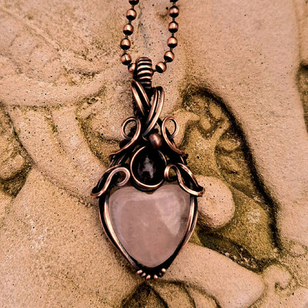 Rose Quartz Heart with Pink Tourmaline in Copper with chain