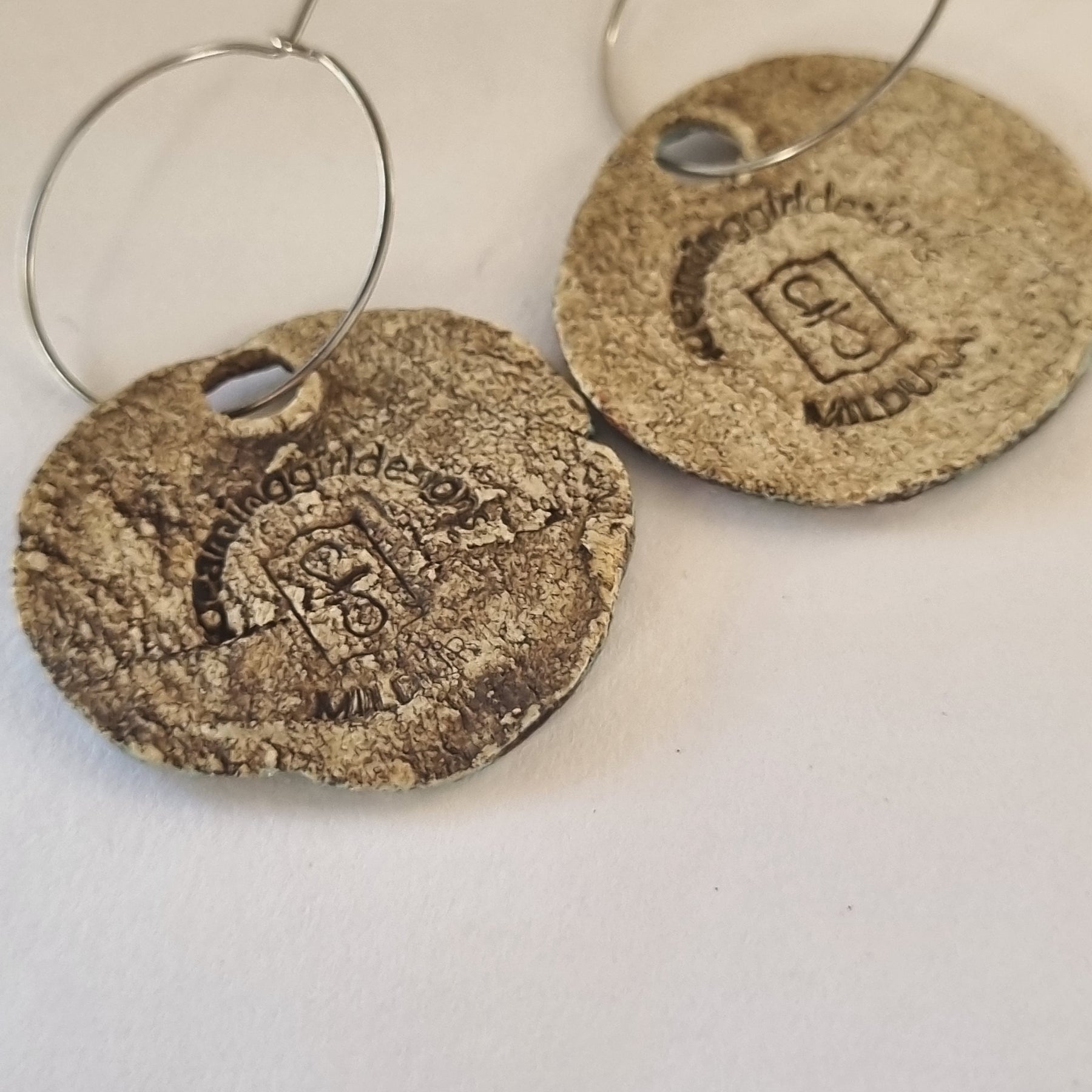 Handmade Stoneware Ceramic Earrings, pink-mustard-green multi-coloured, 35mm diameter, pierced ears