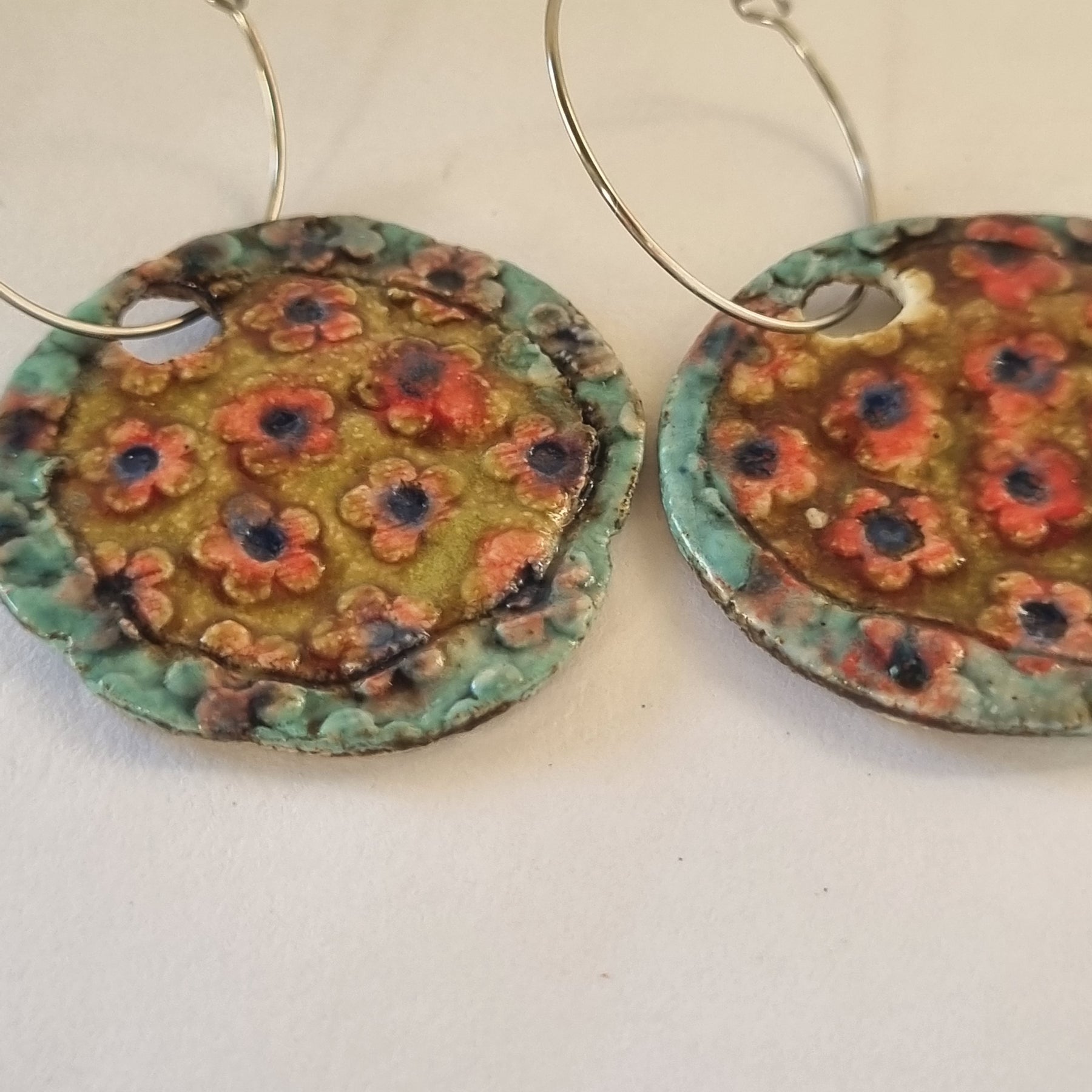 Handmade Stoneware Ceramic Earrings, pink-mustard-green multi-coloured, 35mm diameter, pierced ears