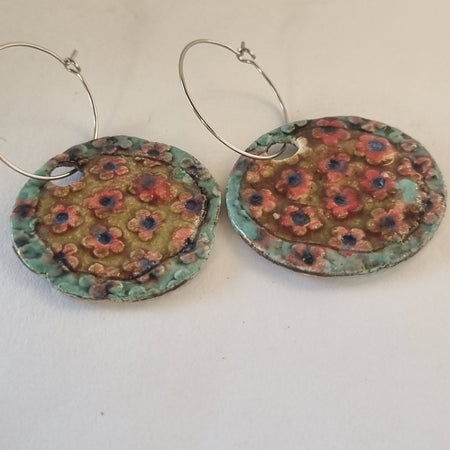 Handmade Stoneware Ceramic Earrings, pink-mustard-green multi-coloured, 35mm diameter, pierced ears