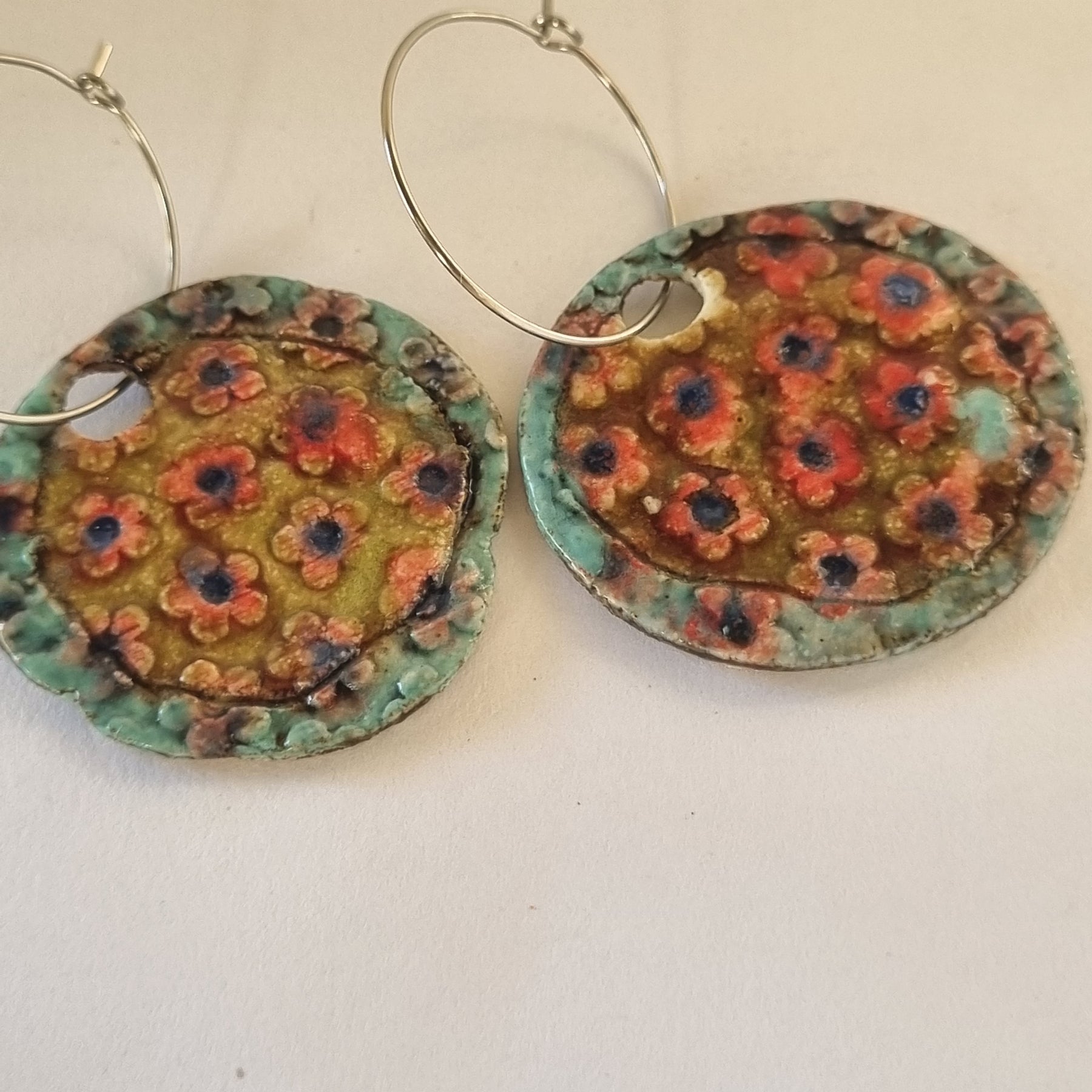 Handmade Stoneware Ceramic Earrings, pink-mustard-green multi-coloured, 35mm diameter, pierced ears