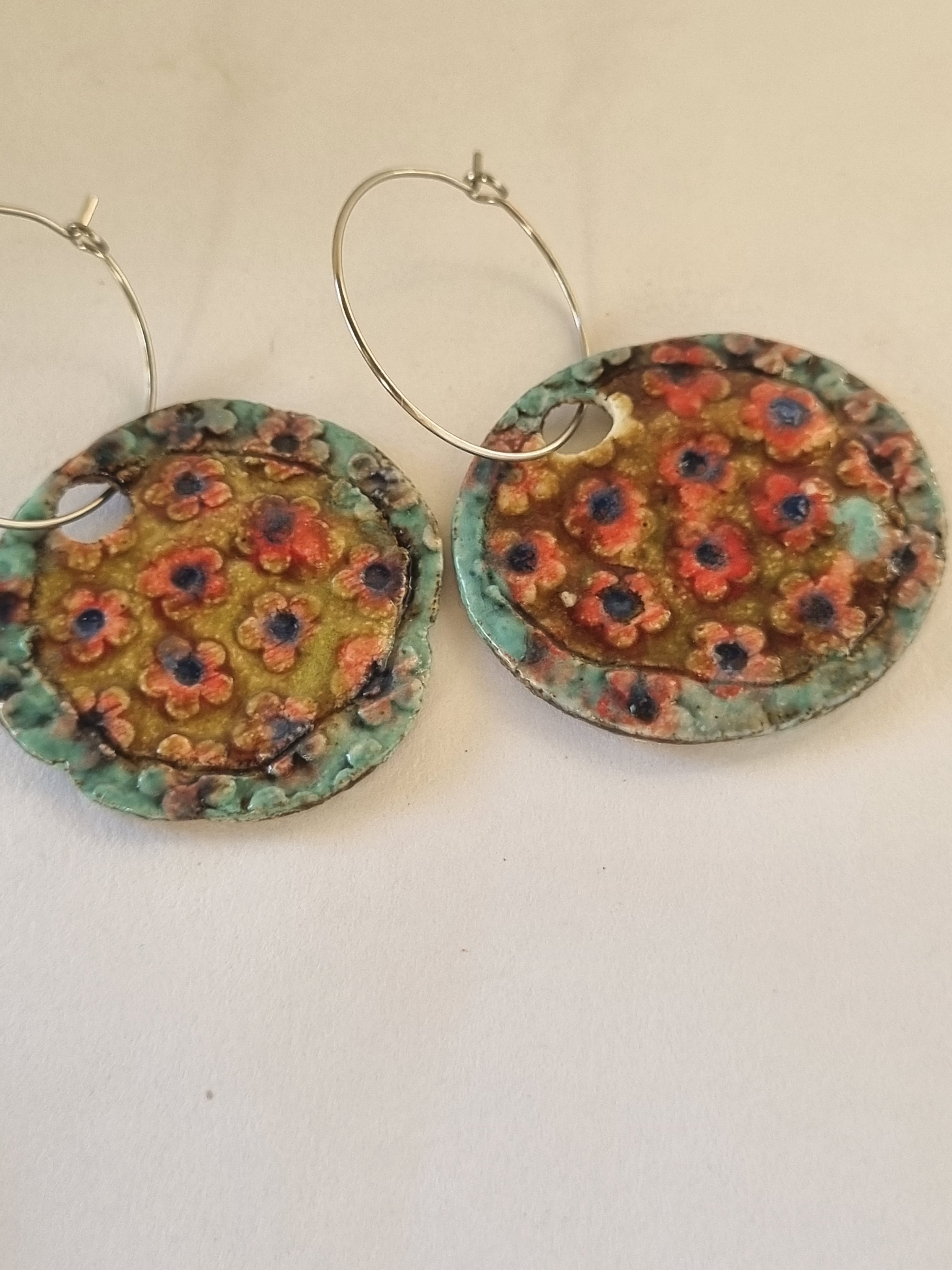 Handmade Stoneware Ceramic Earrings, pink-mustard-green multi-coloured, 35mm diameter, pierced ears