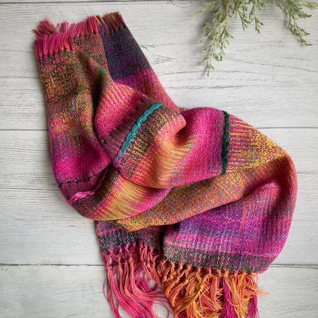 Handwoven cowl - bright pinks and green with extra details