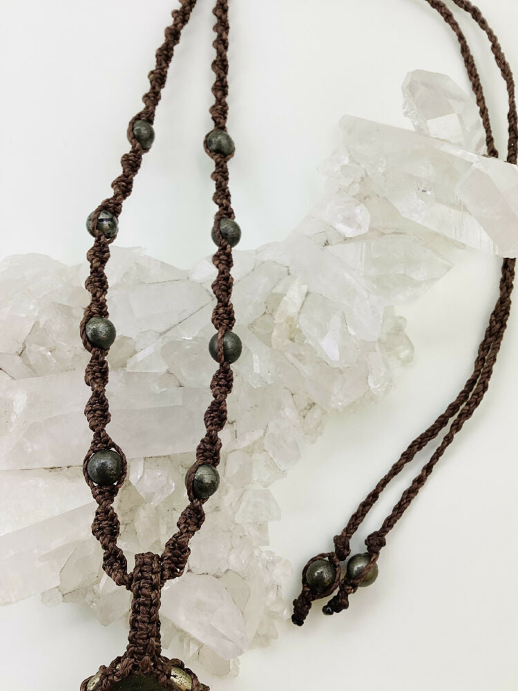 Handmade Macrame Pyrite Pendant Necklace.