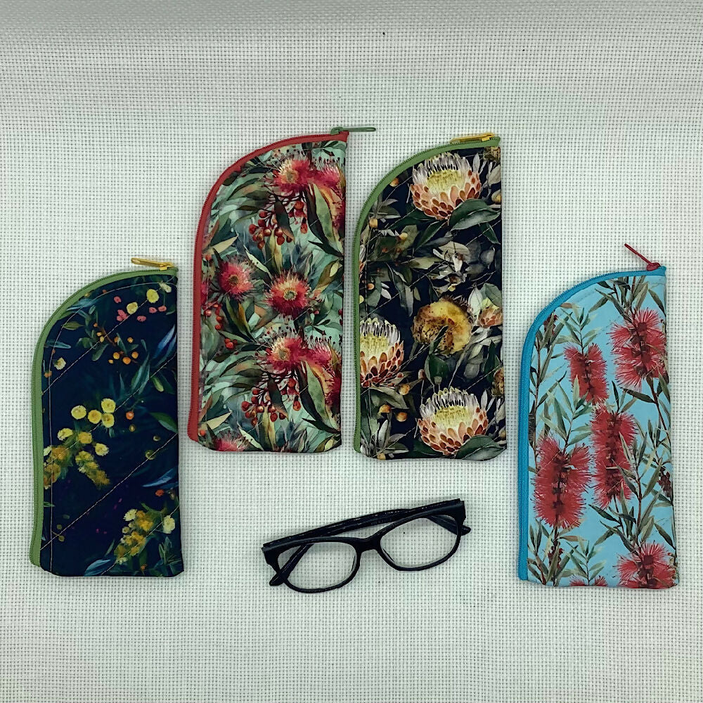 Australian wildflowers curved top zip pouch for glasses, phones, handbag organiser, etc.