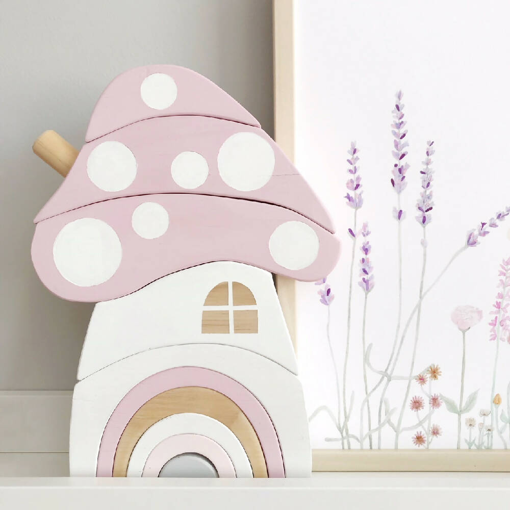 Wooden Toadstool House stacking puzzle with Rainbow Door.