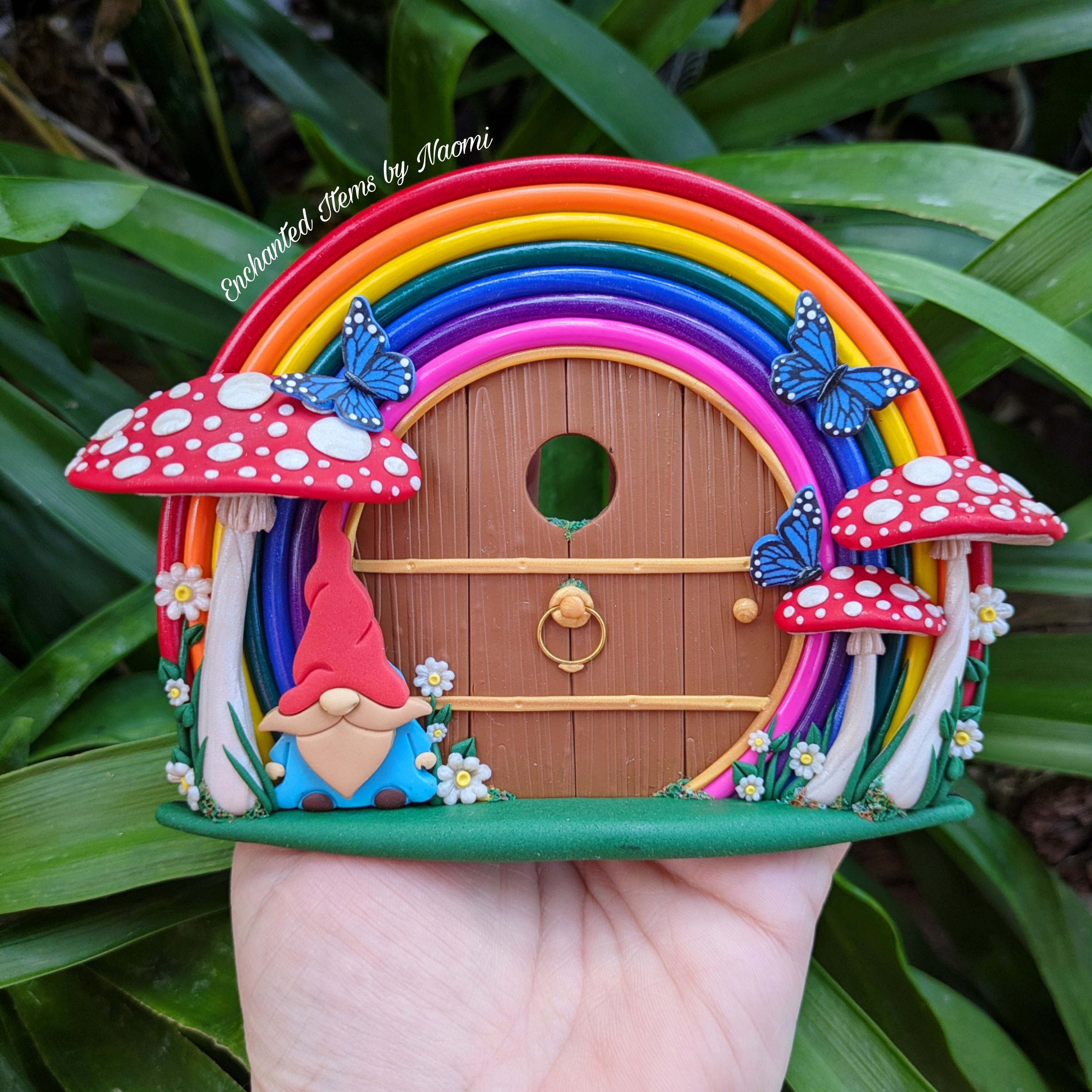 Rainbow Gnome Fairy Door – Hand-Sculpted Polymer Clay