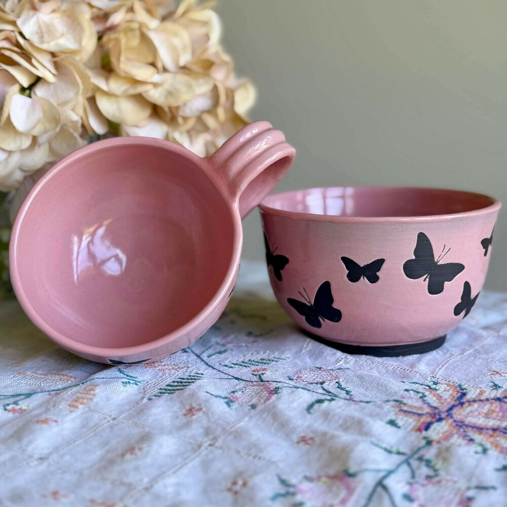 Australian-Ceramic-Pottery-Artist-Ana-Ceramica-Home-Decor-Kitchen-and-Dining-Servingware-Papillon-Noir-Handmade-Breakfast-Set-Pink-Black-Wheel-Thrown-Pottery