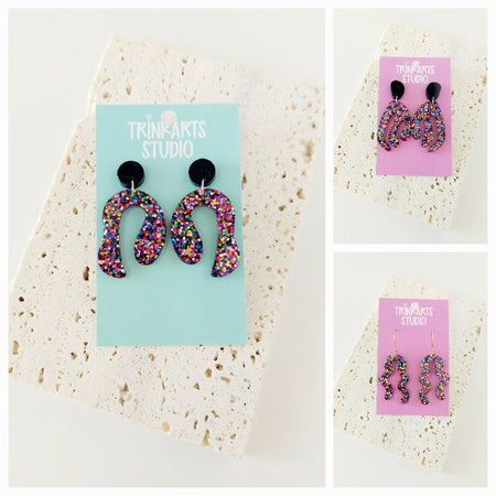 Rainbow Confetti Glitter Resin Dangle Statement Earrings