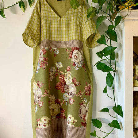 gorgeous olive, brown and beige check linen roses dress - medium 10-12 - violetclothing - free postage