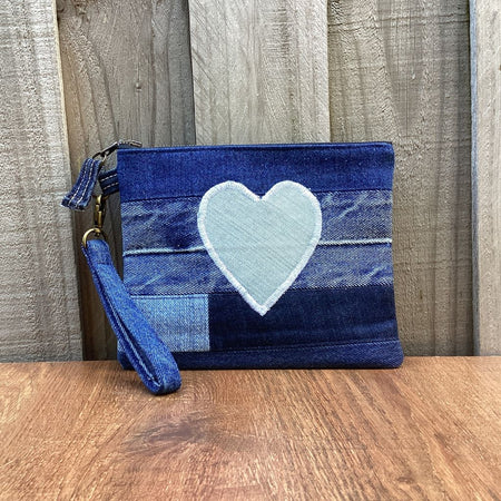 Upcycled Denim Wristlet Purse - Blue Heart