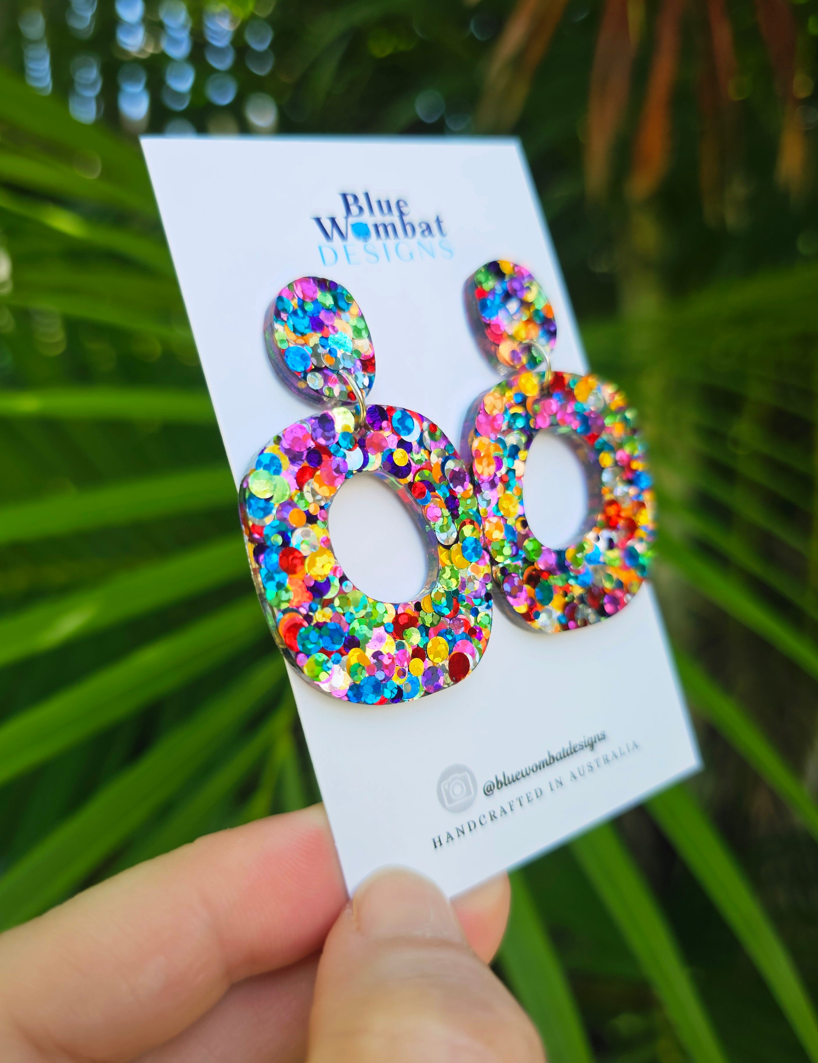 Rainbow Glitter Resin Organic Shape Hoop Dangle Earrings