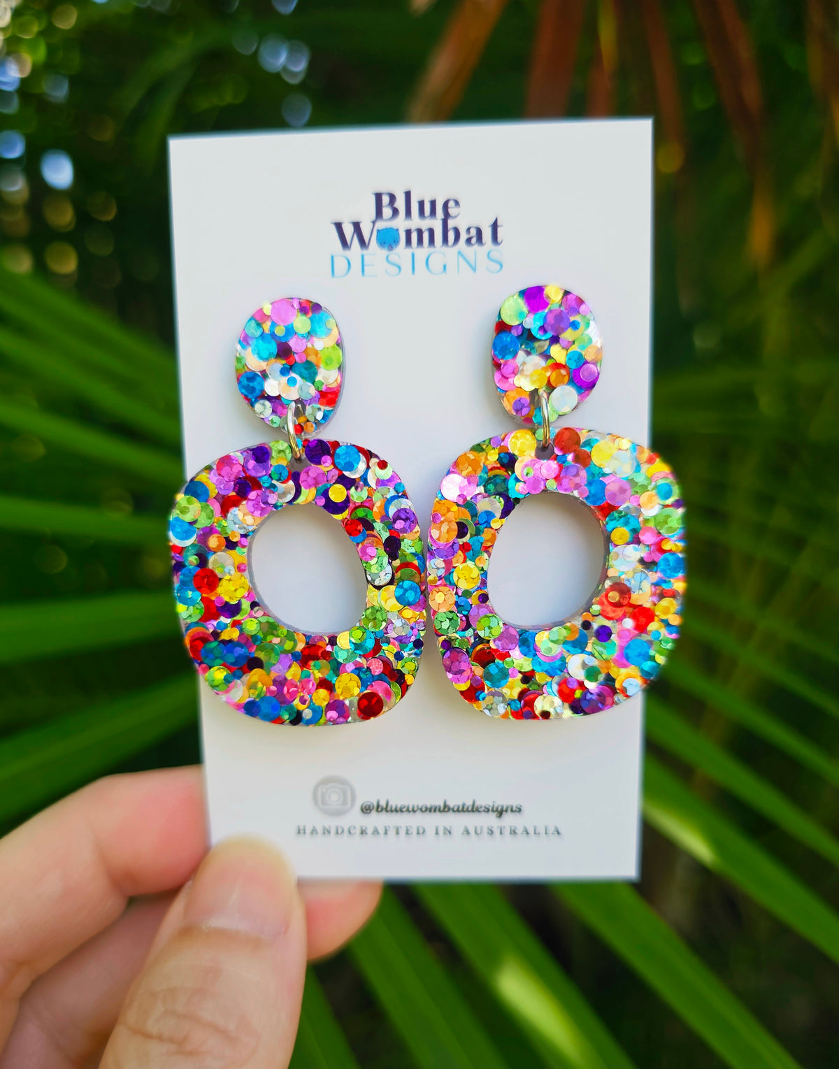 Rainbow Glitter Resin Organic Shape Hoop Dangle Earrings