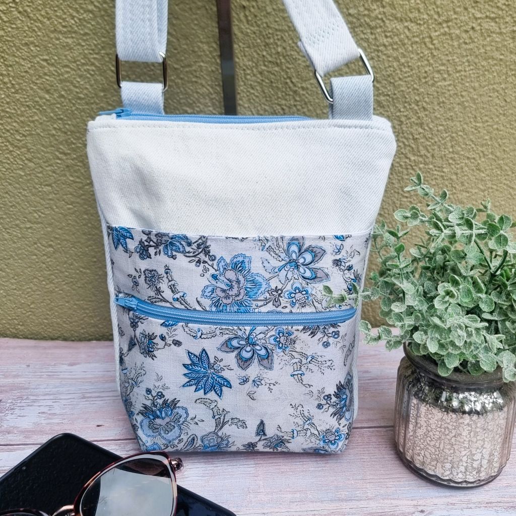 Upcycled small zip crossbody bag - Pale blue denim & abstract floral