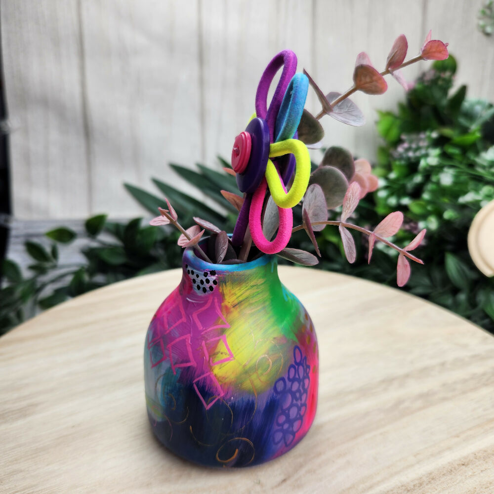 Blooming Buttons - Handpainted Squat Vase with Button Flowers