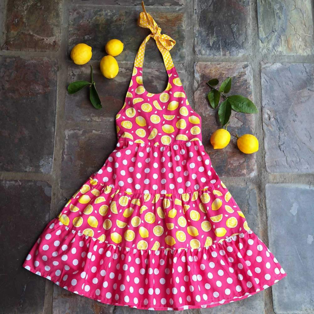 Girls Size 6, Lemon Print Halter Neck Summer Dress with Elastic Back