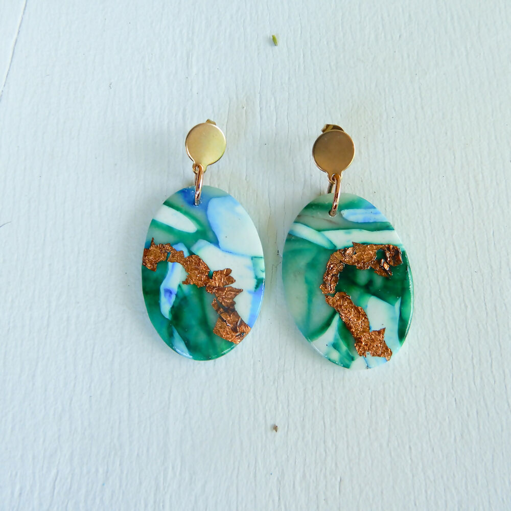 Green and Copper Polymer Clay Earrings "Breezin'"