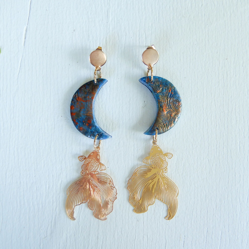 Blue & Gold Polymer Clay Earrings "Angler's Moon"