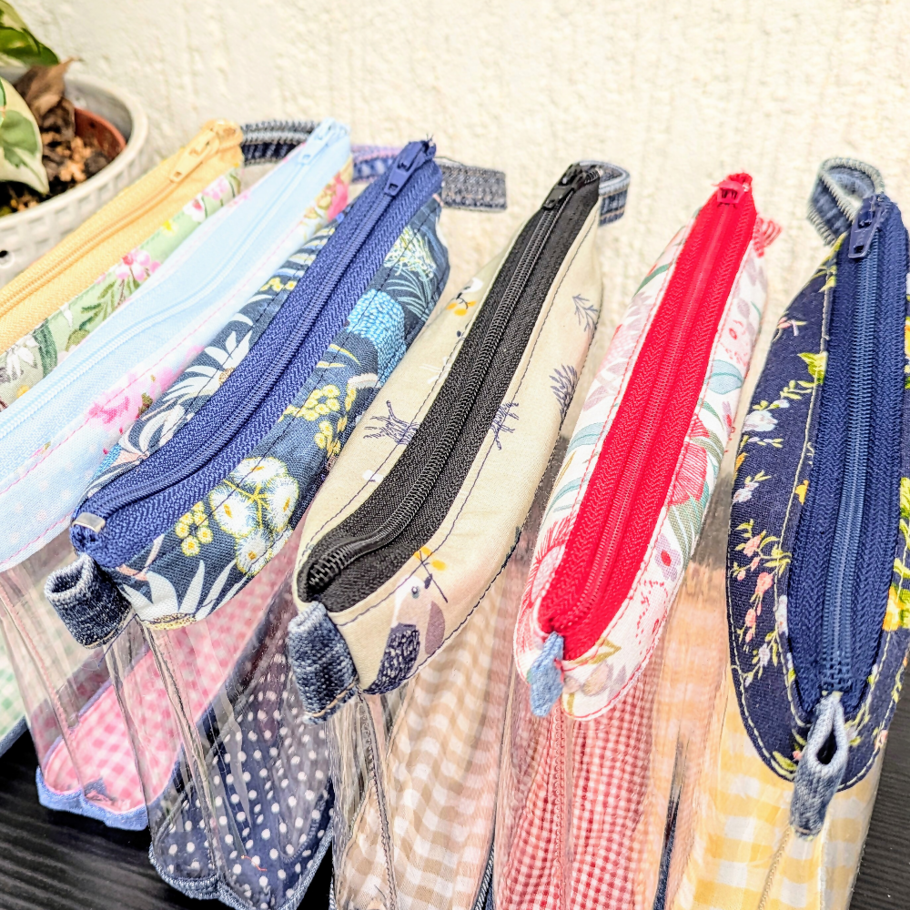 Travel Pouch Clear Organiser Upcycled Denim Red Gingham botanical
