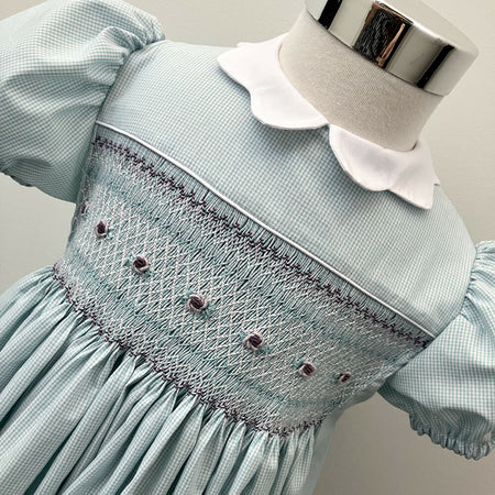 Hand-smocked and embroidered dress - size 3, 4 or 5 - aqua/lilac