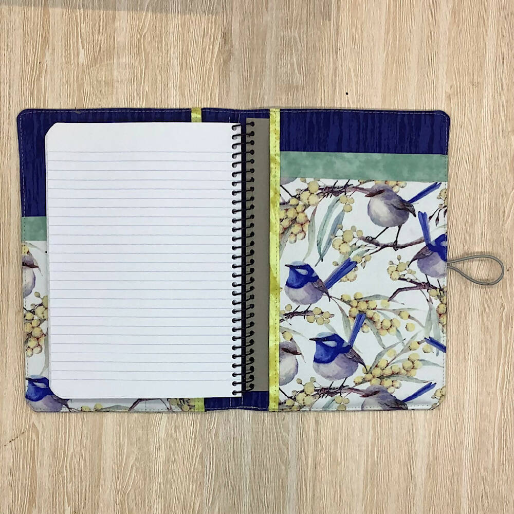 Blue Wren (white) refillable A5 fabric notebook cover gift set - Incl. book and pen.