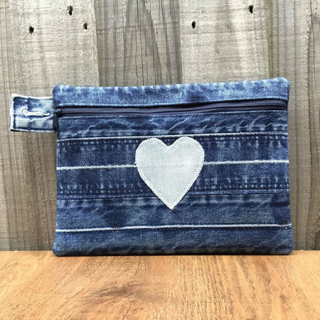 Upcycled Denim Pencil Case - Jeans Waistbands Single Heart