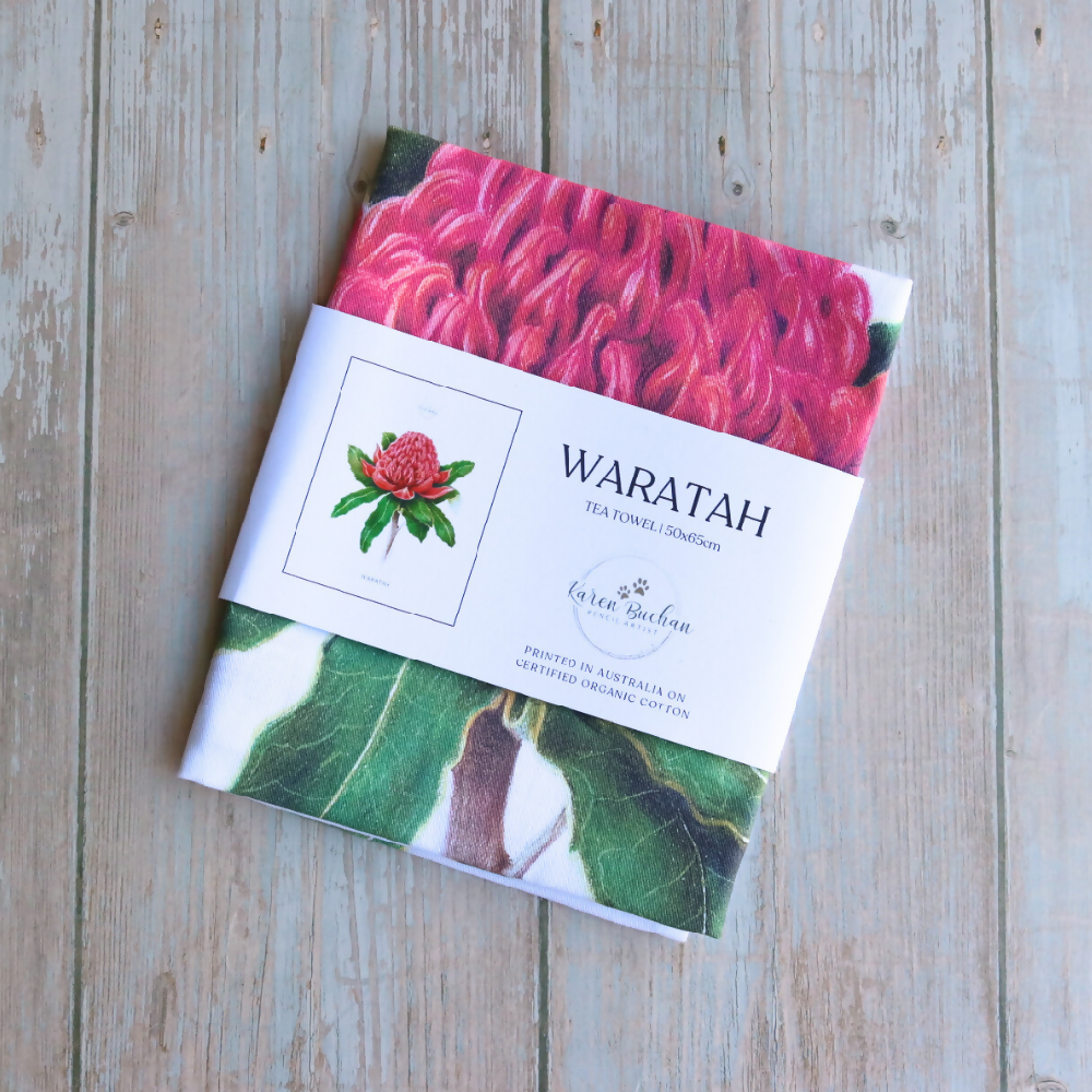 Australian-artist-illustration-waratah-tea-towel-front-label