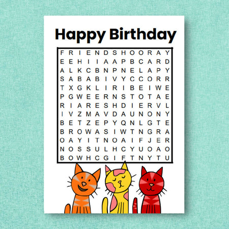 DIGITAL - Printable Birthday Card - WORD SEARCH Puzzle - PDF Download