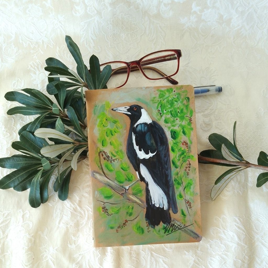 Handpainted Magpie Cotton-Bound Notebook/Sketchbook