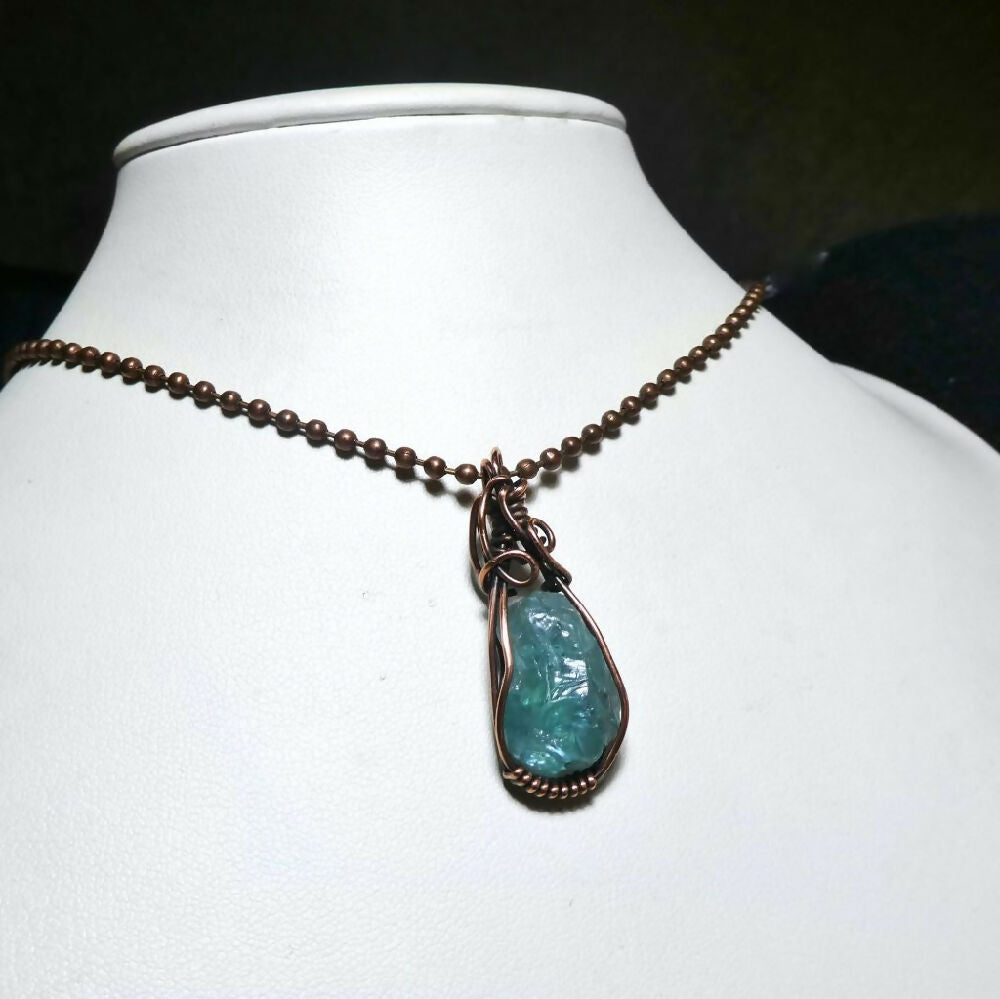 Green Apatite crystal pendant copper wire wrapped