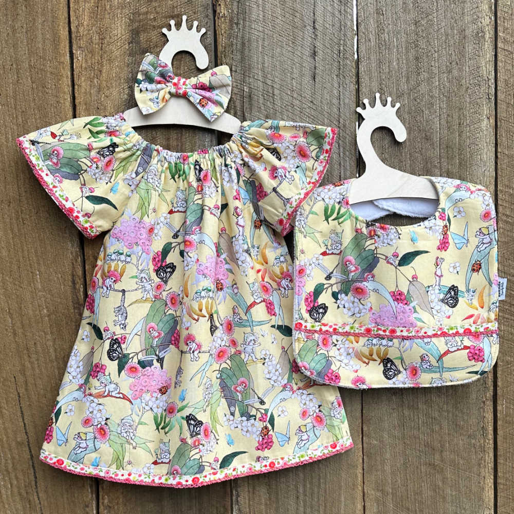 Handmade Baby Outfit – Size 1 Dress, Bib, Hair Bow