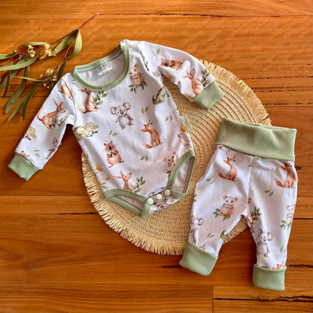 Baby Bodysuit and Pants Set | Green Aussie Animals | Size premmie to 2 | Made to order