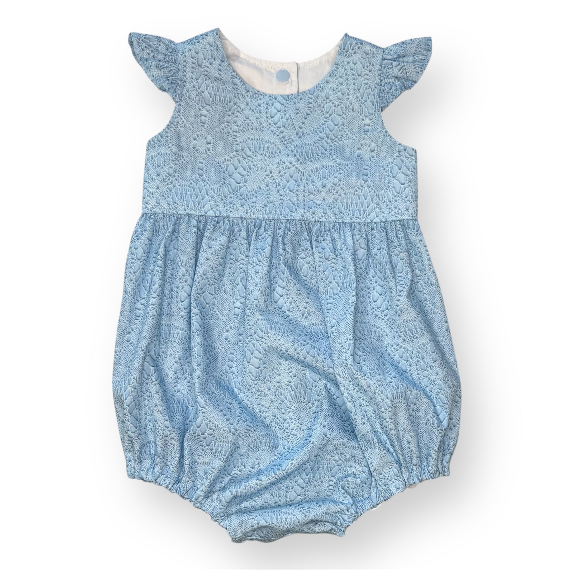 SIZE 1 Blue Lace Print - Tea Party Romper with Flutter Sleeves