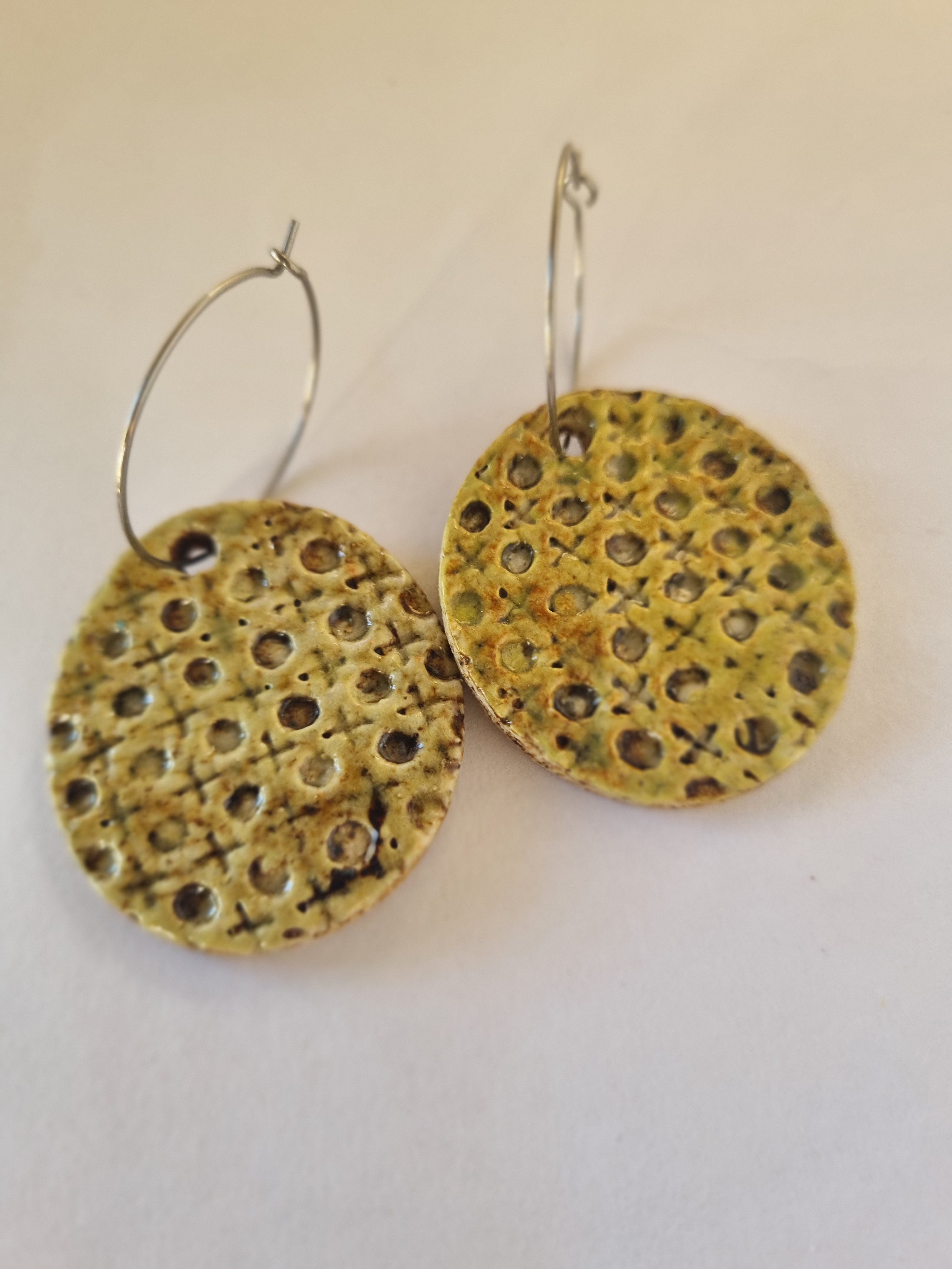 Handmade Stoneware Ceramic Earrings, muted green lattice multi-coloured, 35mm diameter, pierced ears