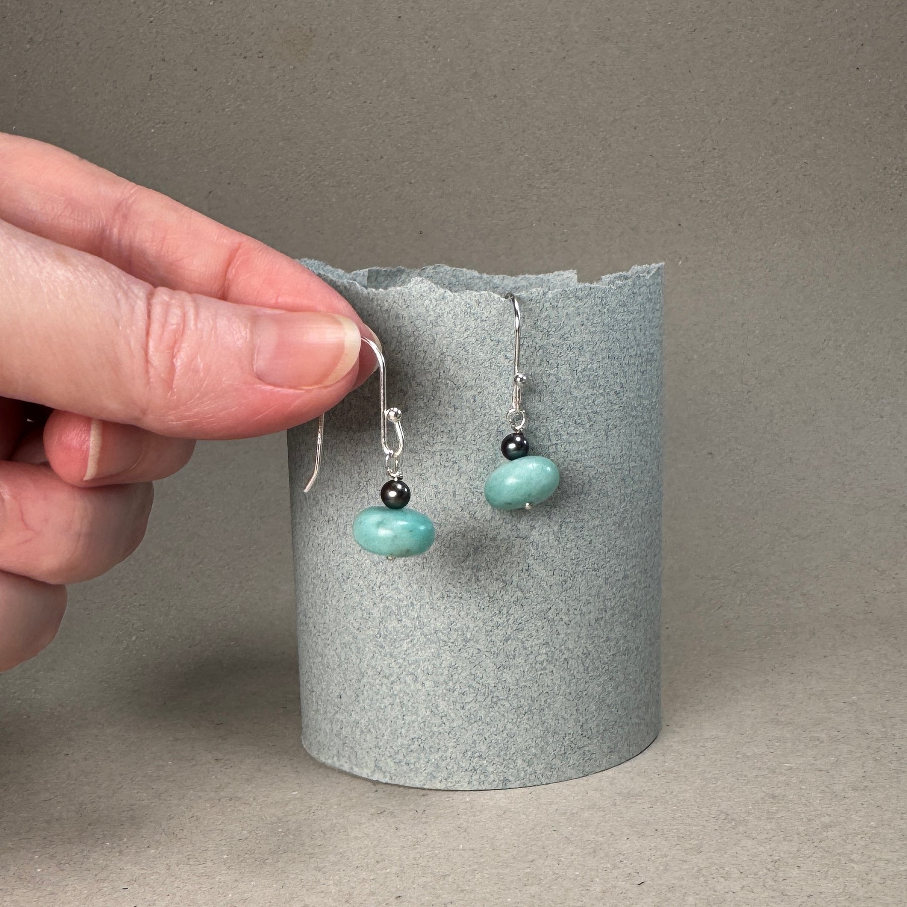 Amazonite with black fresh water pearl sterling silver earrings