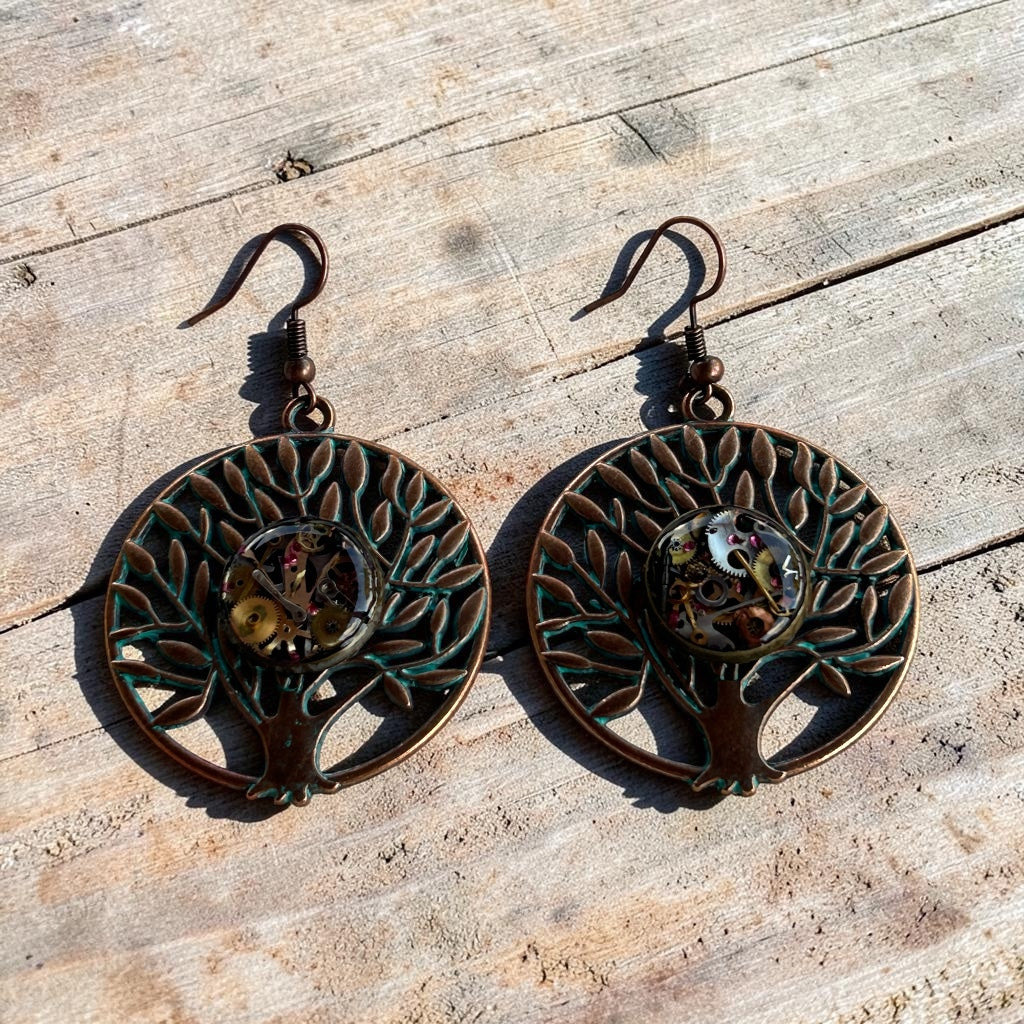 Steampunk watch parts Tree of Life earrings