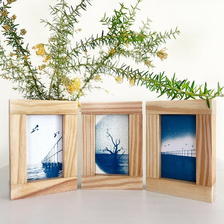 Set of original cyanotype art in handmade frames, seascapes