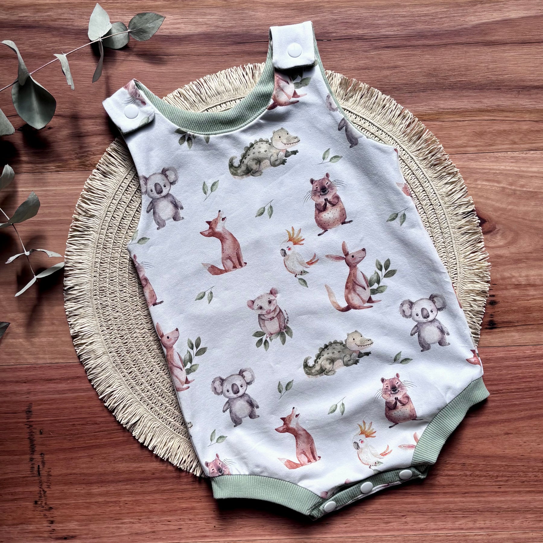 Baby Summer Romper | Green Australian Animals | Size newborn to 2 | Made to Order