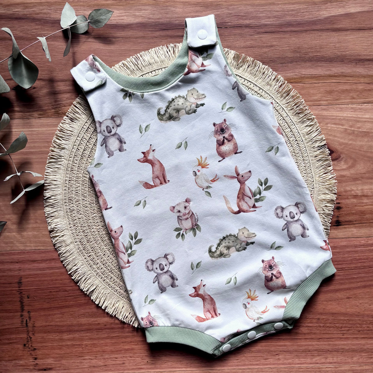Baby Summer Romper | Green Australian Animals | Size newborn to 2 | Made to Order