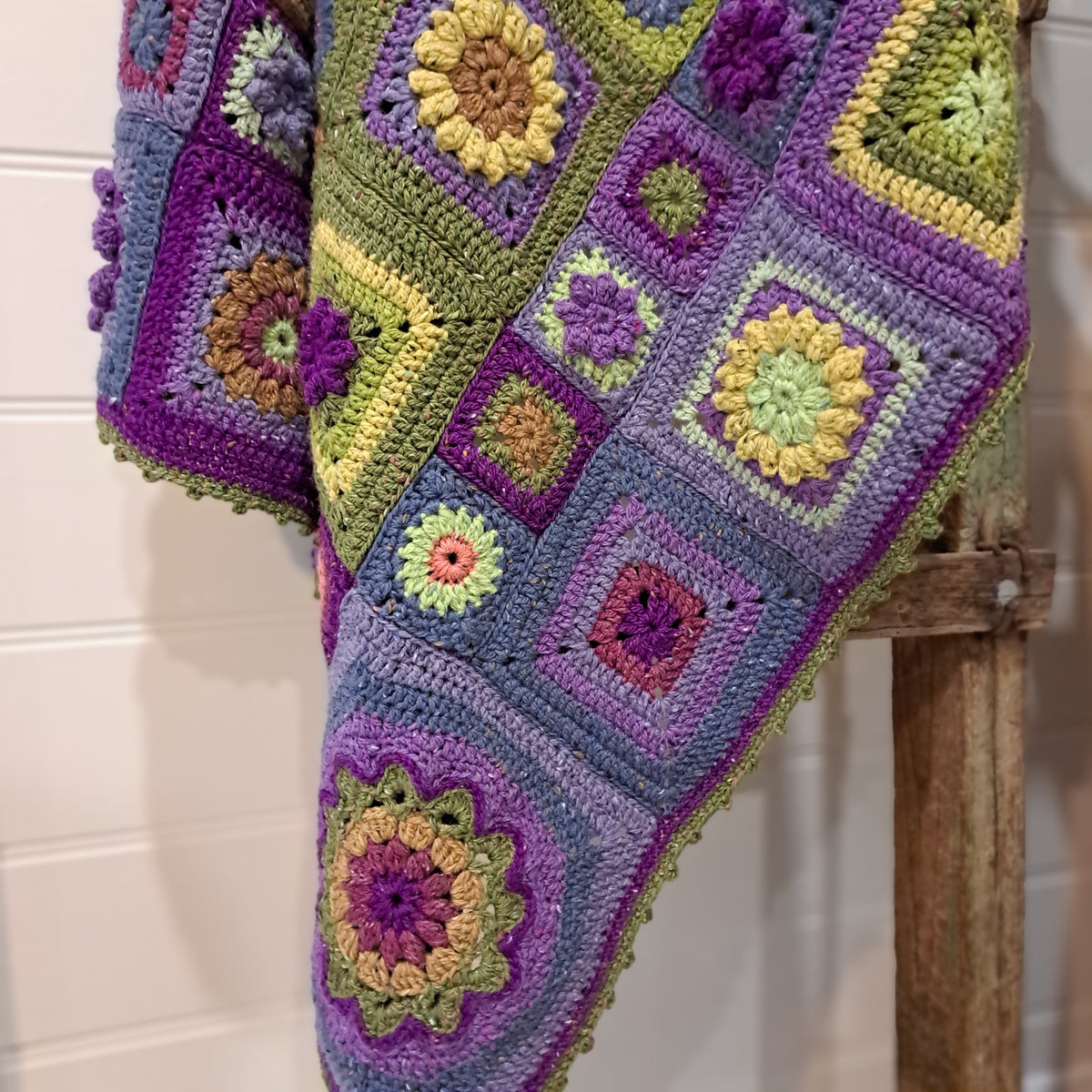 Handmade Crochet blanket throw granny square green purple