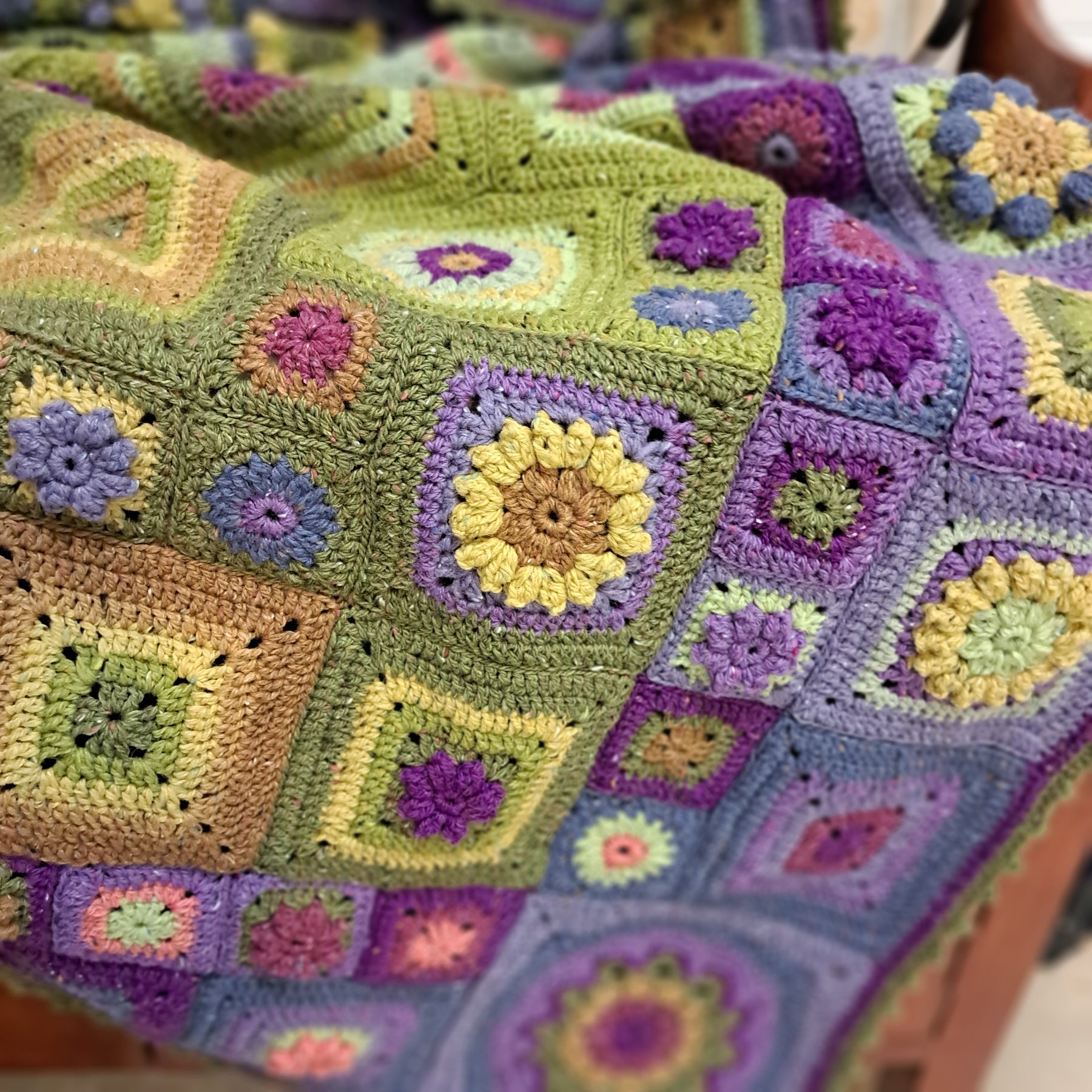 Handmade Crochet blanket throw granny square green purple