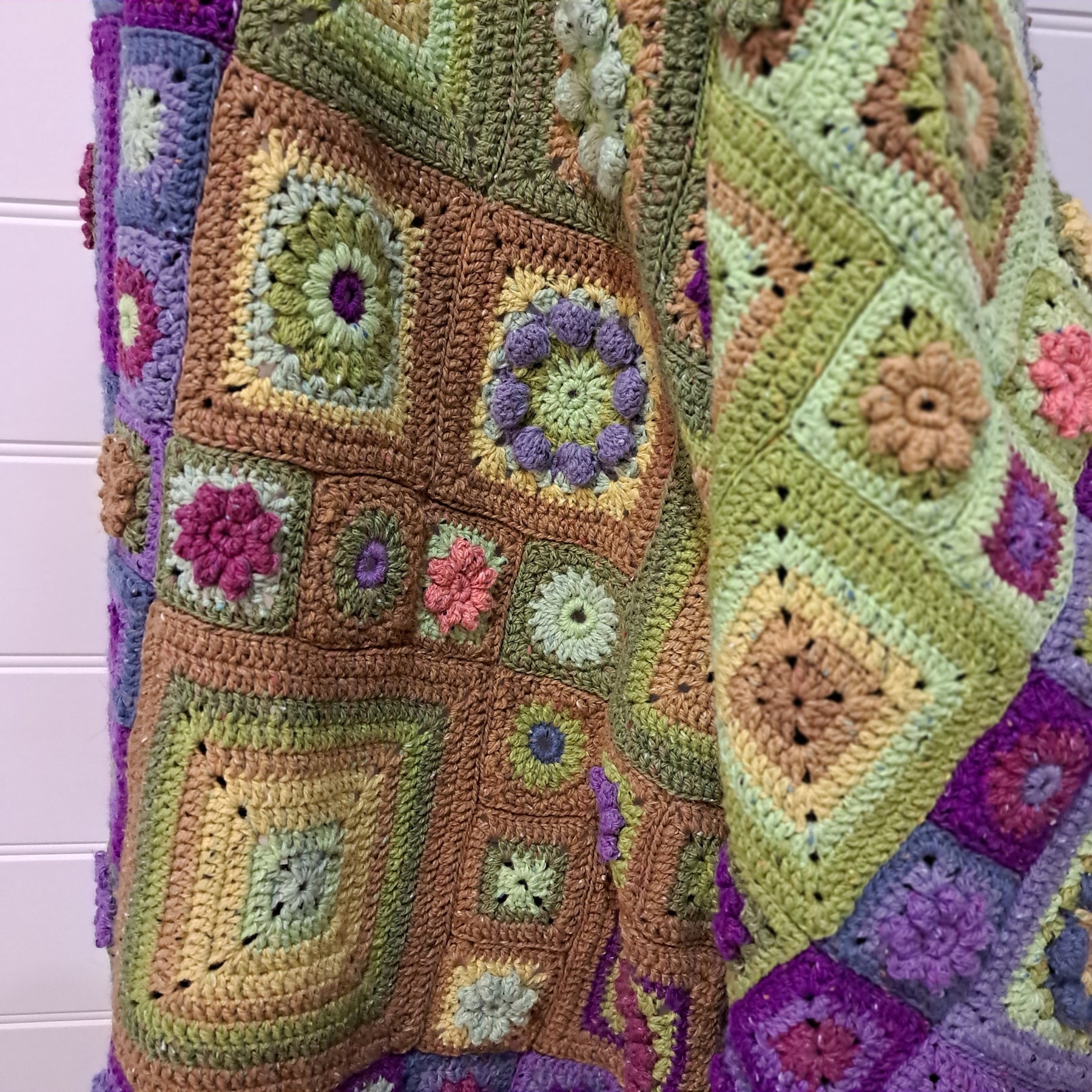 Handmade Crochet blanket throw granny square green purple