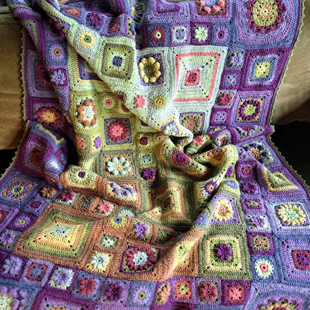 Handmade Crochet blanket throw granny square green purple